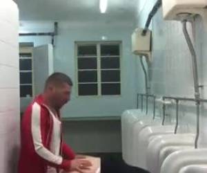 a bicumrre gay amateur sex movie of an anal quickie in the urinal. amateur , anal quickie in the urinal
